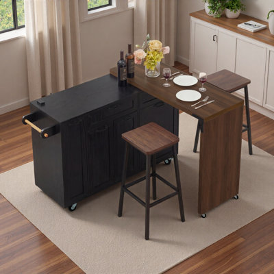 102.3" Kitchen Rolling Island Cart With Extendable Dining Table, Kitchen Island With 3-tier Pull-out Spice Rack, Trash Storage Cabinet,  Mobile Island Table On Wheels For Dining Room, Kitchen