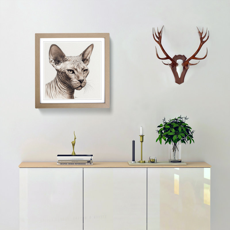 Sphynx Cat Drawing No.1 - Framed Print, Oak