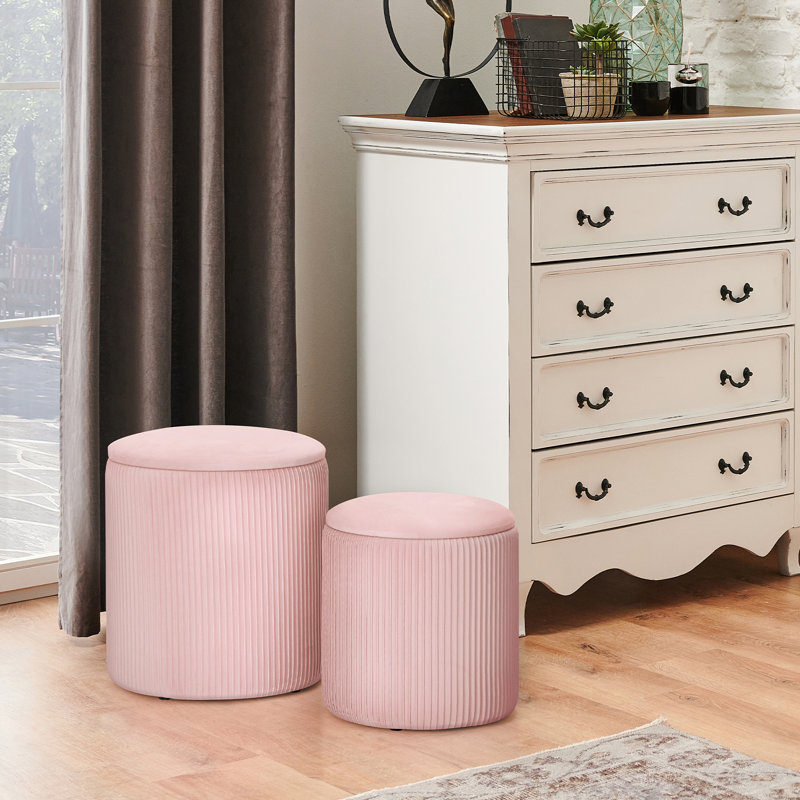 Ensemble de 2 tabourets de pieds ronds avec commode en velours pour table d'appoint rembourrée moderne, Rose