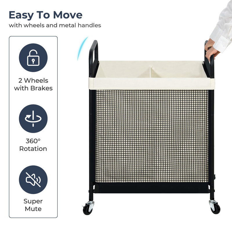 Black and Beige 100L Rolling Laundry Hamper with Steel Frame