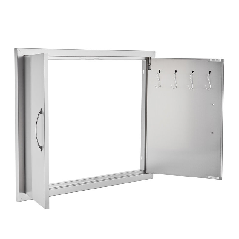 Double Outdoor Kitchen Access Door, Stainless Steel BBQ Island Cabinet with Hooks & Reversible Hinges