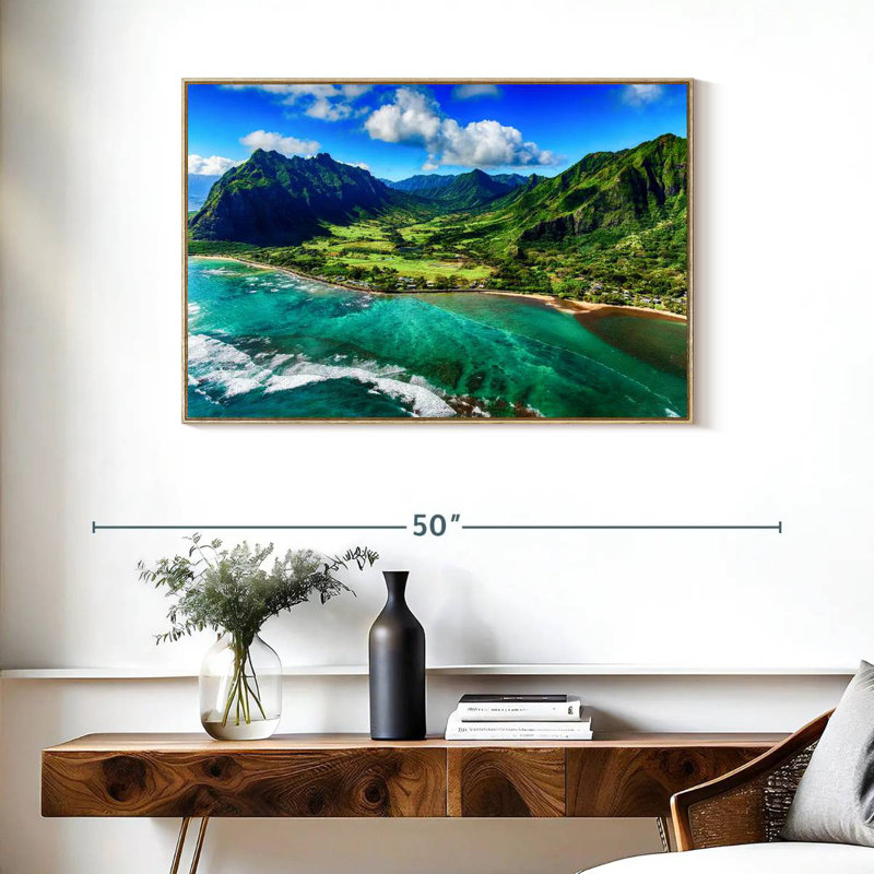 Paysage côtier de Kualoa, Cadre flottant en bois naturel, 37 po x 25 po