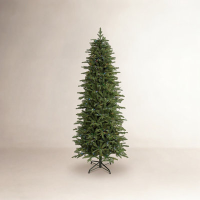Pre-Lit Green Slim Fir Artificial Christmas Tree – Warm White & Multi-Color Chasing & Twinkling Lights, Functions with Foot Pedal & Remote, Simple Setup
