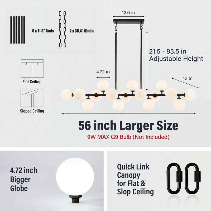 16 - Light Dimmable Bubble Glass Sputnik Modern Linear Chandelier, Matte Black