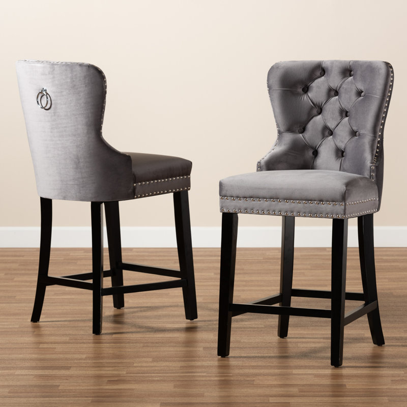 Upholstered Counter Stool with Solid Wood Frame, Grey