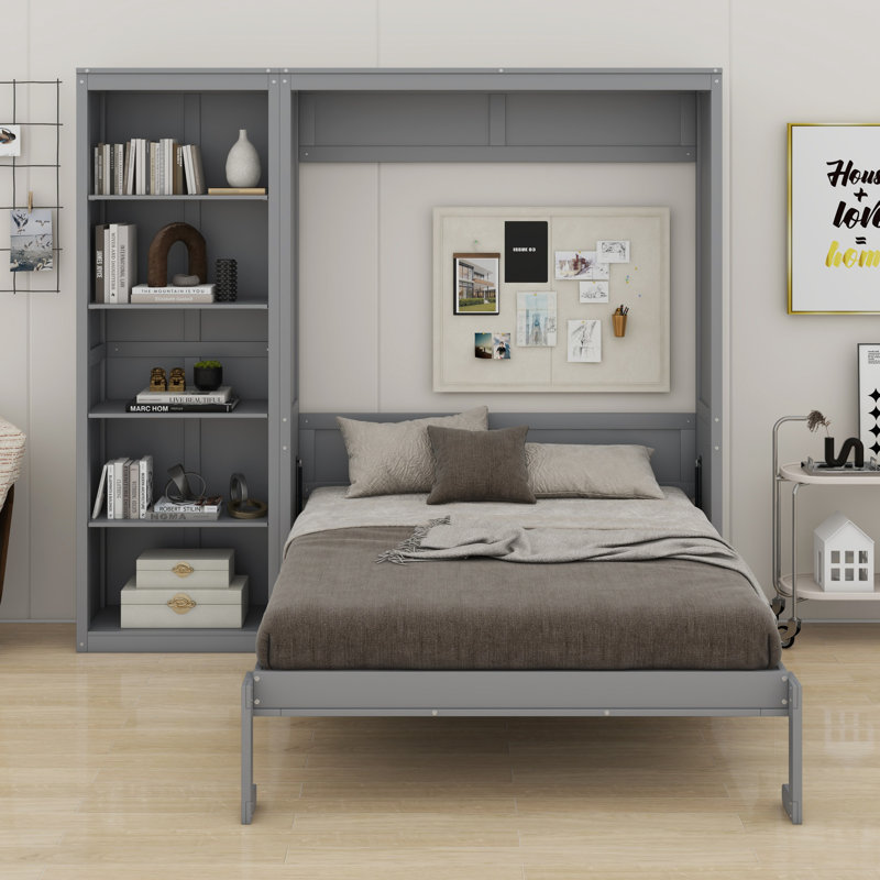 Lit escamotable mural avec tablettes Murphy, gris, Lit double