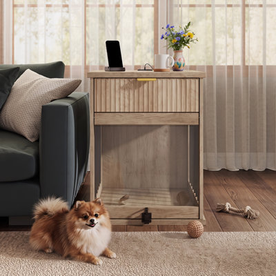 Table de bout pour chien avec station de charge, meuble pour chenil en bois avec porte en verre trempé dissimulé, table d'appoint multifonctionnelle pour animaux avec tiroir de rangement, maisonnette pour petit chien moyen