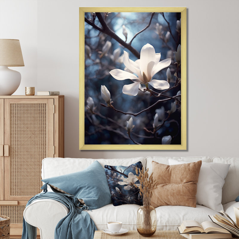 Blanc, bleu, magnolia, paysage, élégance, H 40 po x l 30 po x P 1,5 po, Cadre doré à une seule photo