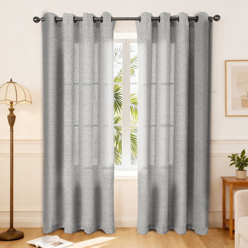 Rideaux semi-transparents tissés en mélange de lin et de coton tissé, Gris, L 52 po x L 84 po