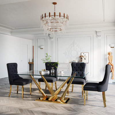 Glass Top Metal Base Dining Table With 4 Velvet Dining Chairs,5 - Piece Pedestal Dining Set