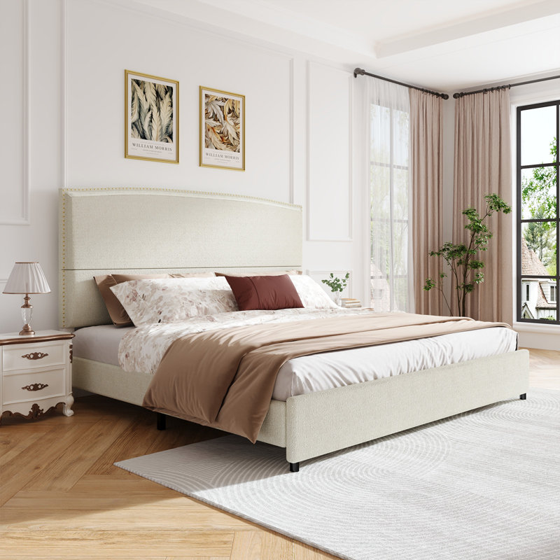 Bed Frame with 56" Tall Headboard, Boucle Upholstered Platform Bed with Nailhead Trim, Soft Fabric, No Box Spring Needed, Easy Assembly