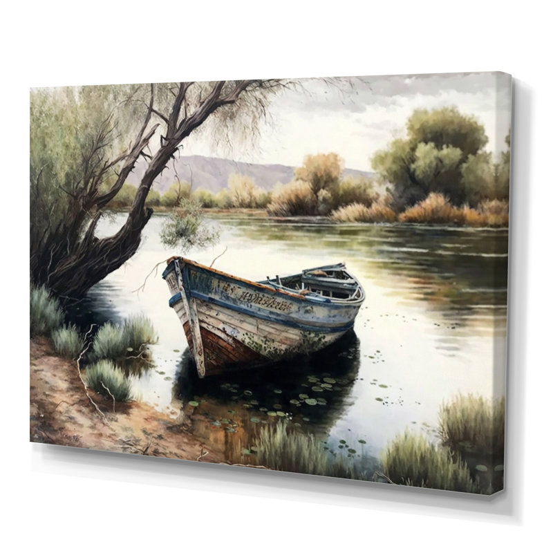 Bateau de pêche dans la rivière - Bateau, art mural, H 30 po x l 40 po x P 1,5 po, Toile tendue