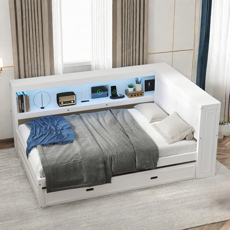 Lit de jour en bois avec tablettes de rangement, station de charge, DEL et lit gigogne, Blanc
