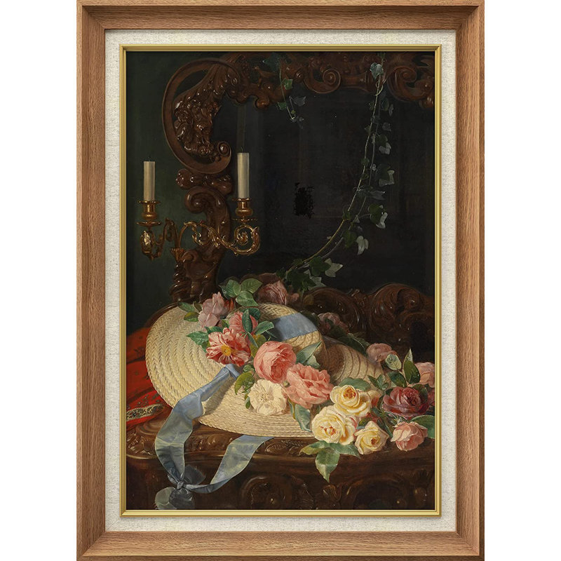 Ribbon Hat With Garden Roses - Peinture sur toile encadrée, Naturel
