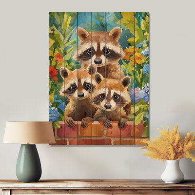 Adorable famille de ratons laveurs - art mural moderne sur bois de pin naturel