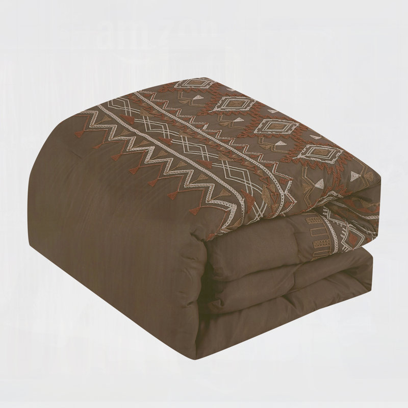 Ensemble d'édredon en microfibre brodé brun 7 pièces avec taies décoratives et coussins décoratifs