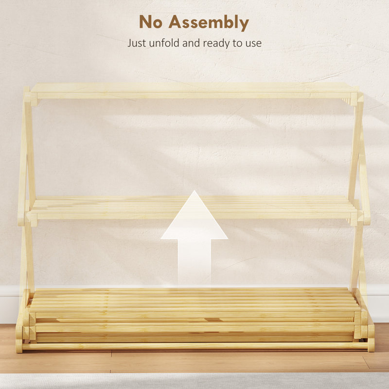 HOMCOM Bamboo Shoe Rack, Folding Shoe Shelf, No Assembly, 45.5cm H x 60cm W x 29cm D