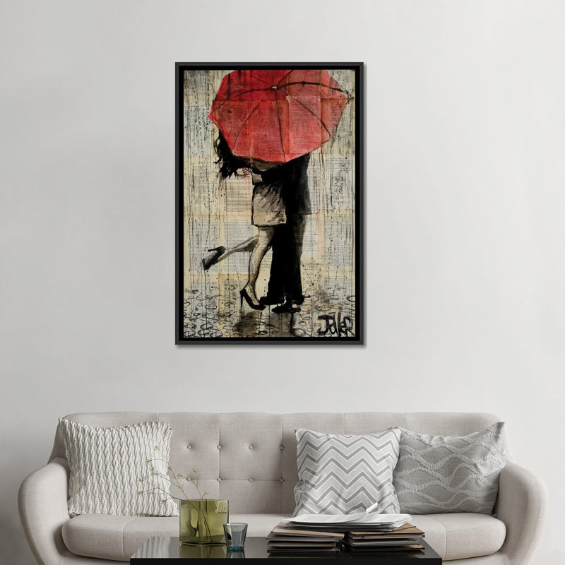 «Red Umbrella» par Loui Jover - Estampe numérique sur toile tendue avec châssis, Toile avec cadre noir, Pas de tapis