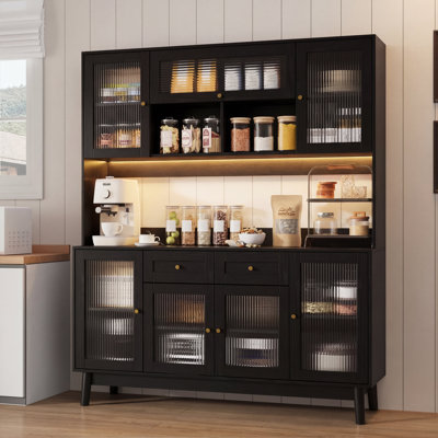 Armoire de cuisine 71 po H 59,8 po avec lumière DEL, armoire de rangement avec huche et tablette à micro-ondes, portes en verre cannelé