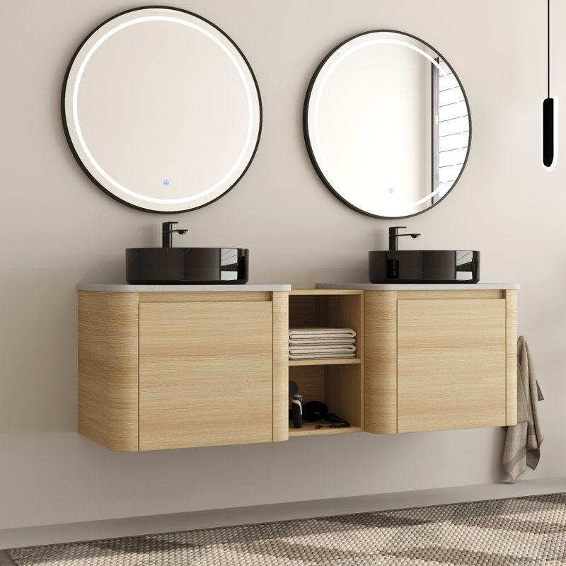 Ensemble de meuble-lavabo double 60 po avec plateau en pierre reconstituée Eaton, 60", Noir / blanc