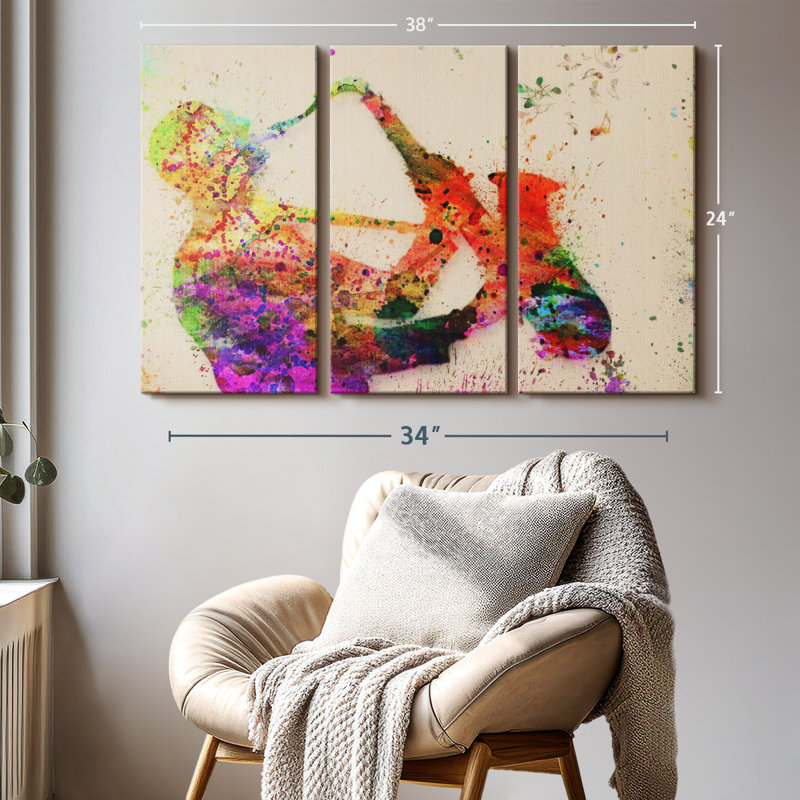 Reproduction sur toile d'un joueur de saxophone, H 24 po x l 38 po x P 1,25 po