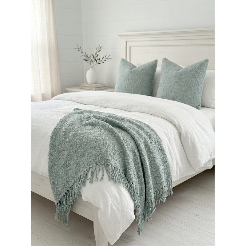 Breezy Blue Cozy Cotton Boucle Throw with Fringe, Aqua