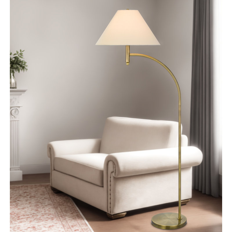 Lampe sur pied Groton Mini Arc 165 cm (65 po) de hauteur, en laiton antique, 150 W, ampoule E26 à 3 intensités, abat-jour blanc cassé