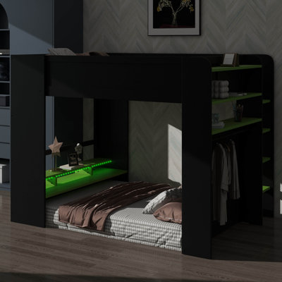 Lit superposé double en bois pleine grandeur avec bureau à hauteur réglable, garde-robe, rangement spacieux et éclairage RVB
