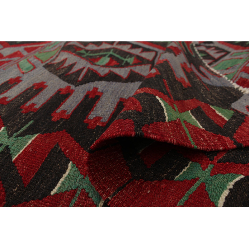 Tapis noir / gris / vert en laine fait à la main de conception unique 5 pi 4 po x 10 pi Kilim