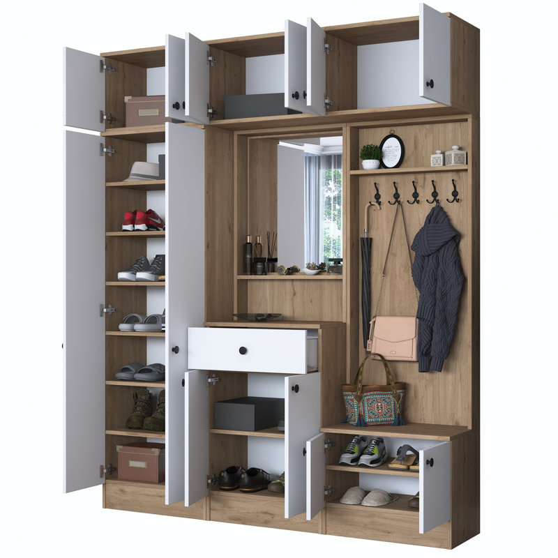 Modern Hall Stand with Mirror, Walnut & White Finish, 70.7 x 89.0 x 14.8 inches | 100% Melamine Coated Particle Board, Numerous Shelves, Wall-Mountable, Additional Storage | Stylish & Functional Entryway Solution