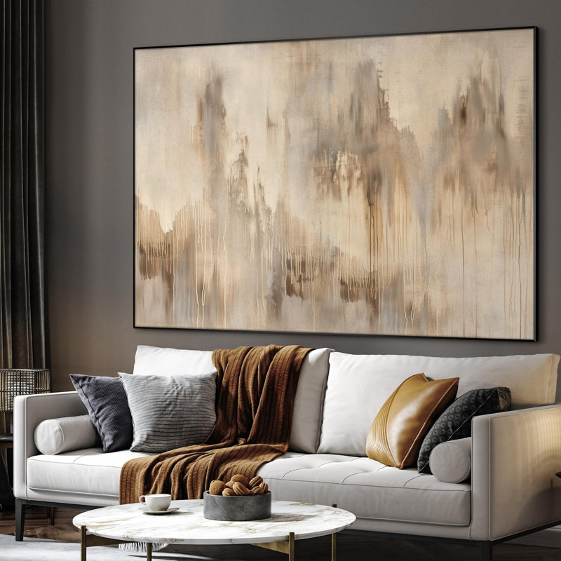 Extra Large Wall Art Fabric Print - Neutral Abstract Soft Beige and Taupe Waterfall-Inspired Illustration Artwork Decor for Living Room or Bedroom - "Frame Assembly Required (Unfinished Frame)"