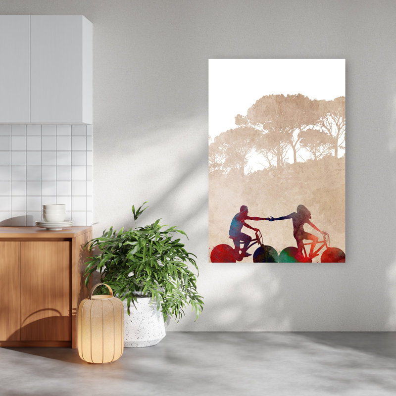 «Biking Couple main dans la main», art contemporain coloré, paysage contemporain, 60" H x 40" W