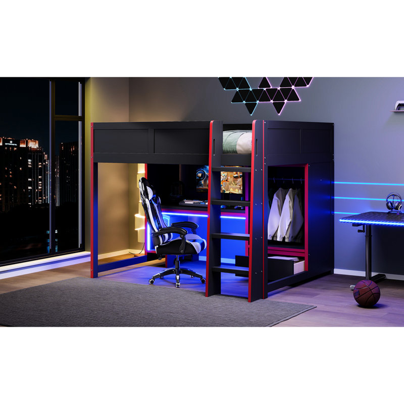 Lit double, lit mezzanine en bois, fini noir, bureau intégré, garde-robe, DEL, tiroir, rangement, expérience noir, peu encombrant, fonctionnel