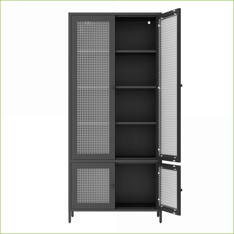 Cabinets with 4 Waffle-Grids Glass Doors 5 Shelves | 31.5W x 13.8D x 71H Black Steel Freestanding Storage | Modern | Home Office