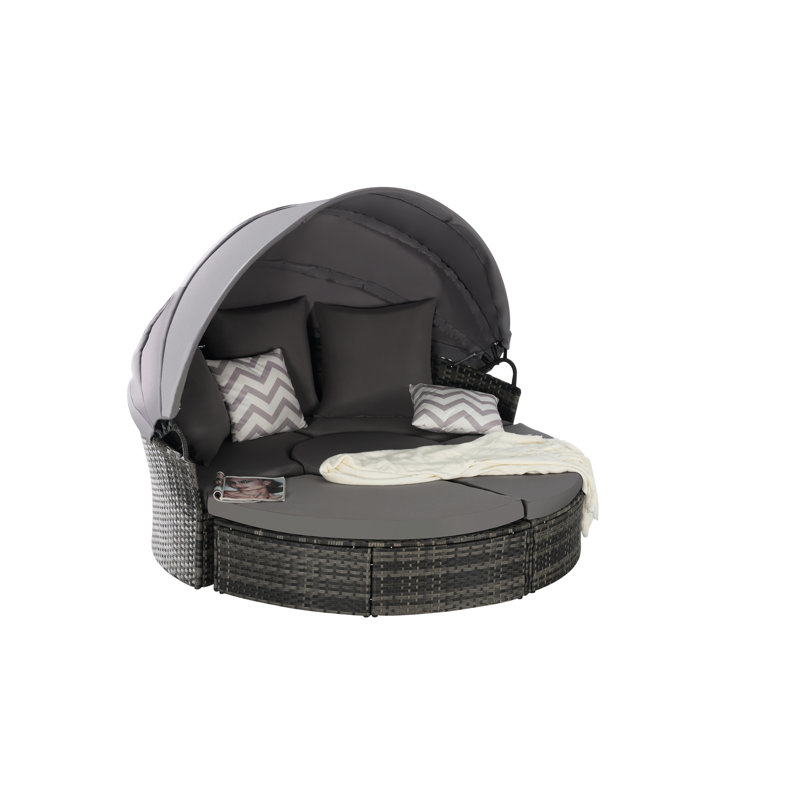 5 conversation de lit de jour de patio extérieur avec toit rétractable, coussins moelleux, parasol mobile pour la cour arrière, cadre de détente hydrofuge