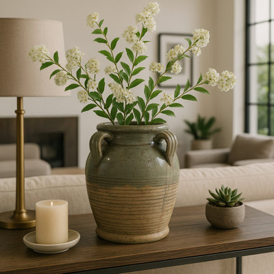 Vase de table Tiyler rustique pour la maison - Grand vase en terre cuite avec finition vieillie et poignées - Vase ou vases à fleurs élégants pour l'entrée ou la salle à manger