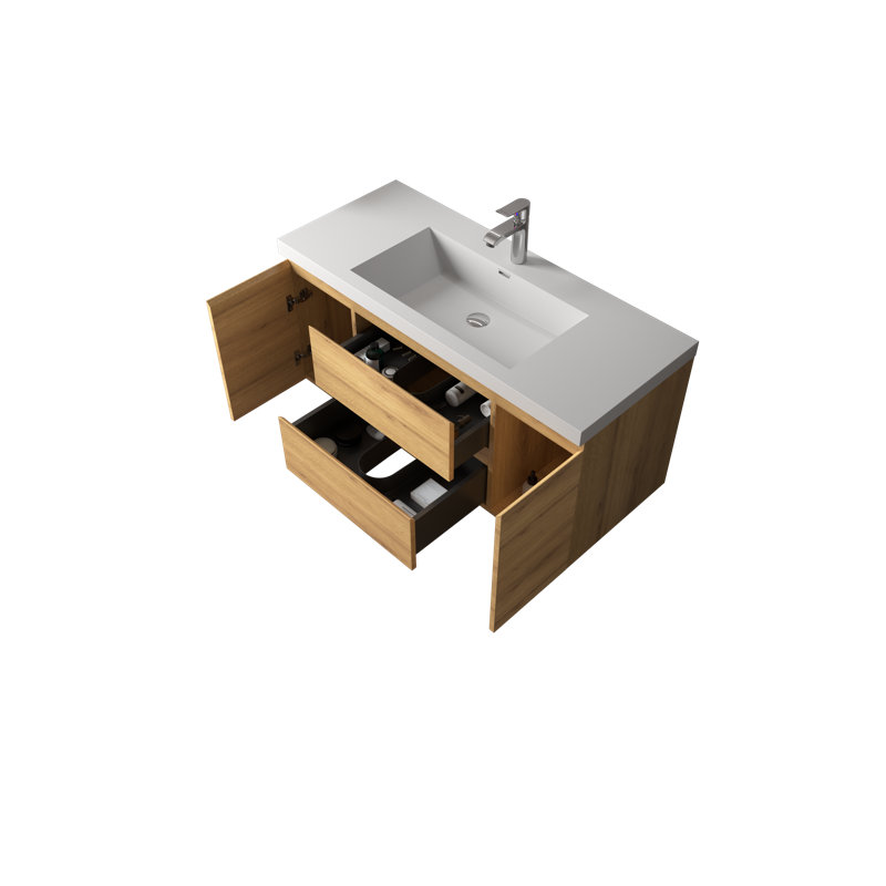 Meuble-lavabo mural simple 48 po avec plateau en pierre blanc brillant et 2 tiroirs A.Oak Modern, 48"