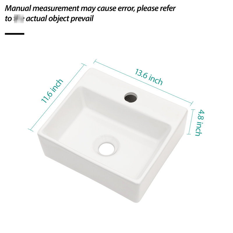 Lavabo de salle de bain mural en céramique blanche avec trou de robinet simple, surface lisse et lisse, style moderne, plus d'espace, instructions d'installation incluses Lavabo rectangulaire de 13,6 po x 11,6 po
