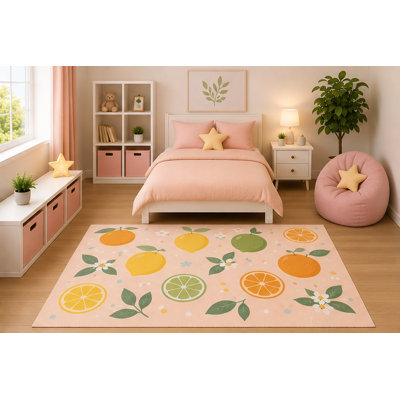 "Ultra Lightweight" 5'x7' ' Kids Area Rug Citrus Fruit Pattern Rug Orange Lemon Lime Botanical Watercolor Nursery Bedroom Decor Non-Slip Silicone Backing Low Pile