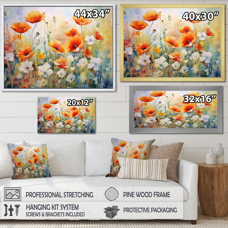 Fleurs de coquelicots en fleurs rouges et blanches dans les prés - Décoration murale coquelicots, Cadre flottant blanc