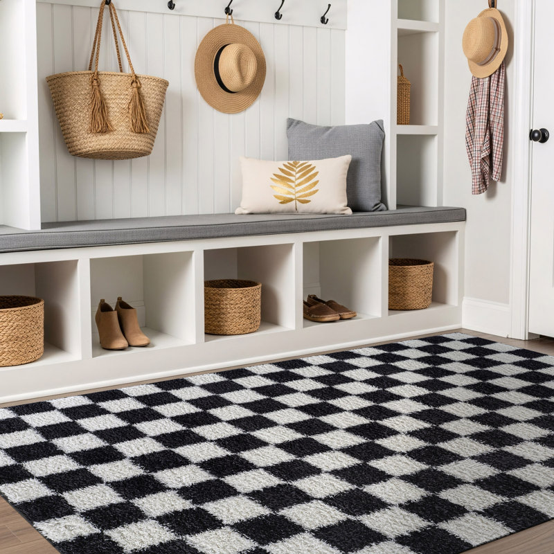 Block Pattern Shag Rug – Anthracite Dark Gray – Medium Pile, Durable & Easy To Maintain, Rectangle 4' x 6'