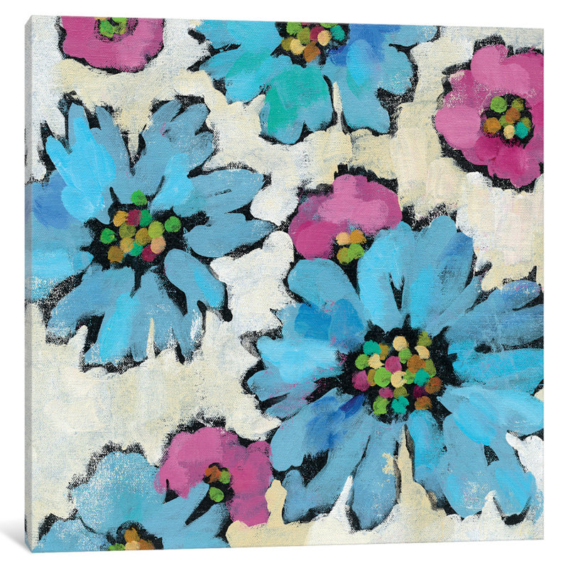 «Graphic Pink and Blue Floral II», reproduction d'art sur toile, H 48 po x l 48 po x P 1,5 po, Pas de tapis, Toile tendue
