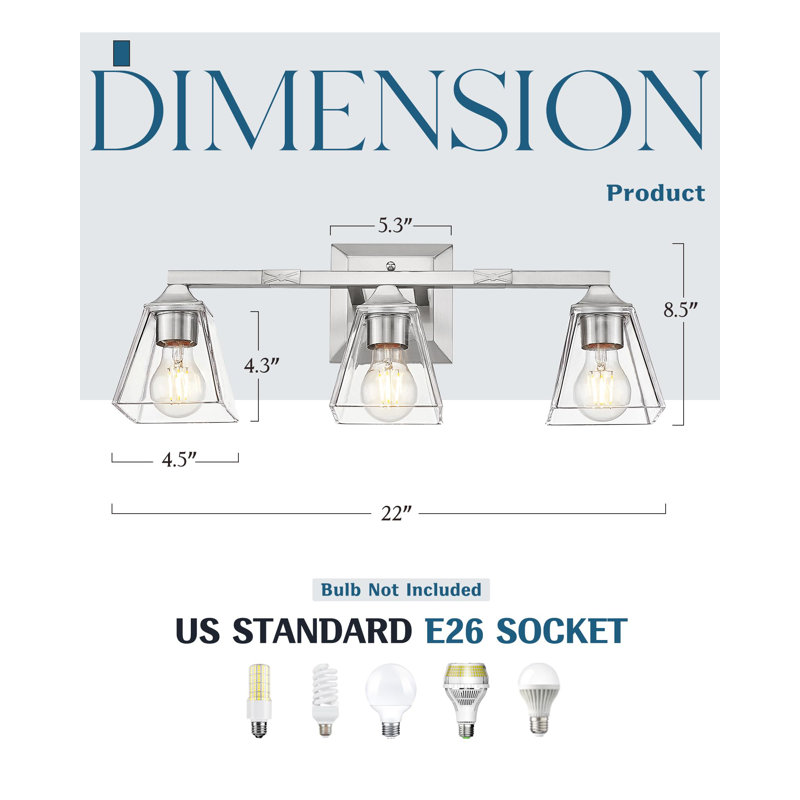 3 - Light Dimmable Vanity Light With Square Bell Clear Glass Shade, 8.5" H x 22" W x 9.9" D, 3 Lights