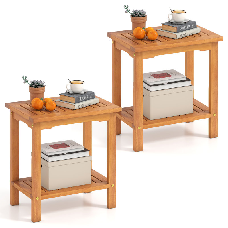  2PCS Outdoor Acacia Wood Side Table 2-Tier Patio End Table w/ Slatted Tabletop, 2