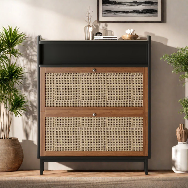 Simple Solid Wood and Rattan Narrow Shoe Cabinet