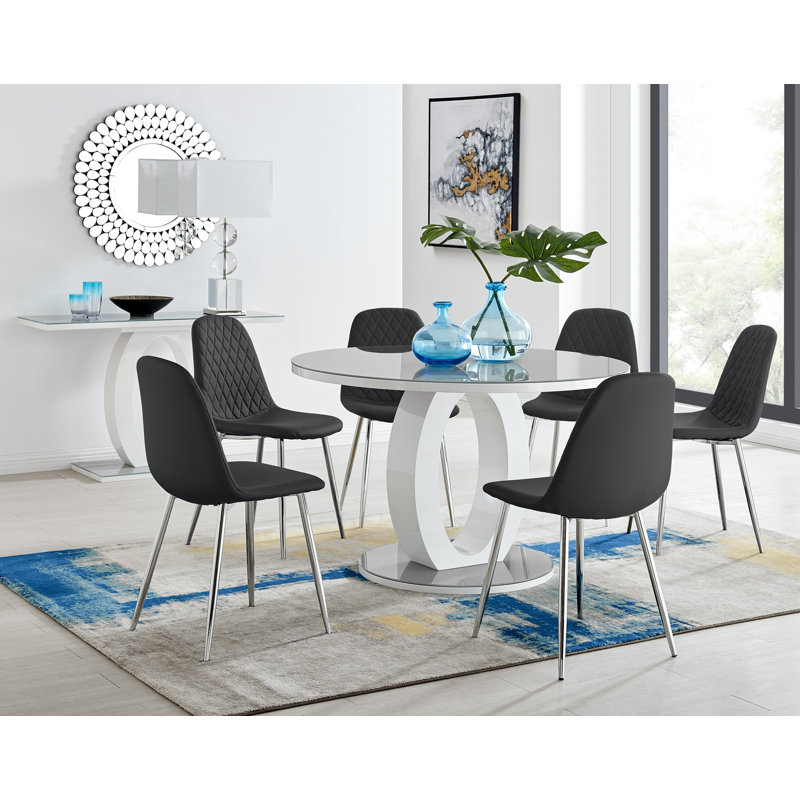Scottsmoor 6 Seater High Gloss Round Dining Table Set with 6 Luxury Faux Leather Dining Chairs, Black/Silver, Gray