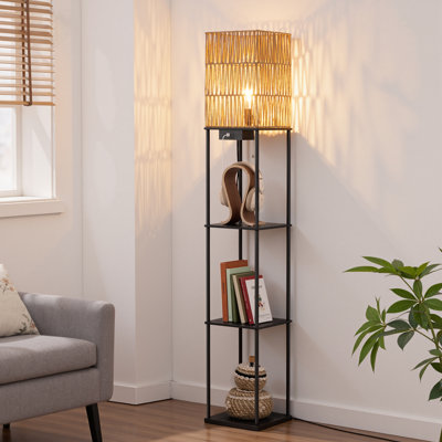63.8" Column Floor Lamps With Rattan Shade And Remote Control