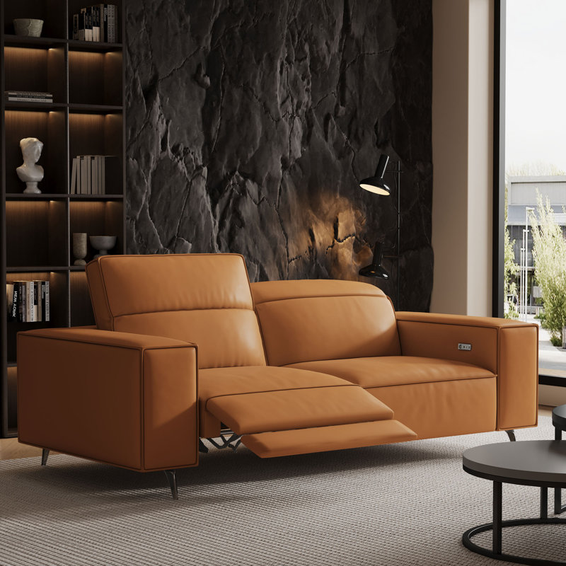 Nolynn 76.77"W Breathable Top Grain Leather Dual Power Reclining Sofa in Orange with Manual Adjustable Headrests and USB Ports