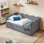 Lit de jour simple en vichy douillet avec deux tiroirs de rangement, avec port USB et adorable tissu en forme de vague-179574918-179574939