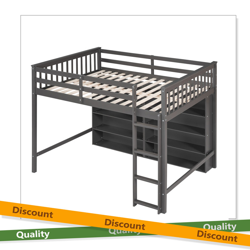 Loft Bed With 8 Open Storage Shelves And Built-In Ladder, Grey